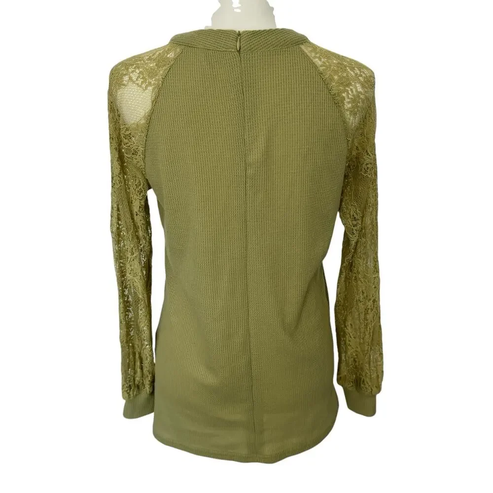 MIHOLL Olive Green Waffle Knit Top with Sheer Floral Lace Long Sleeve Size Small - Picture 3 of 11